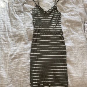 Express Olive and White Striped Midi Dress